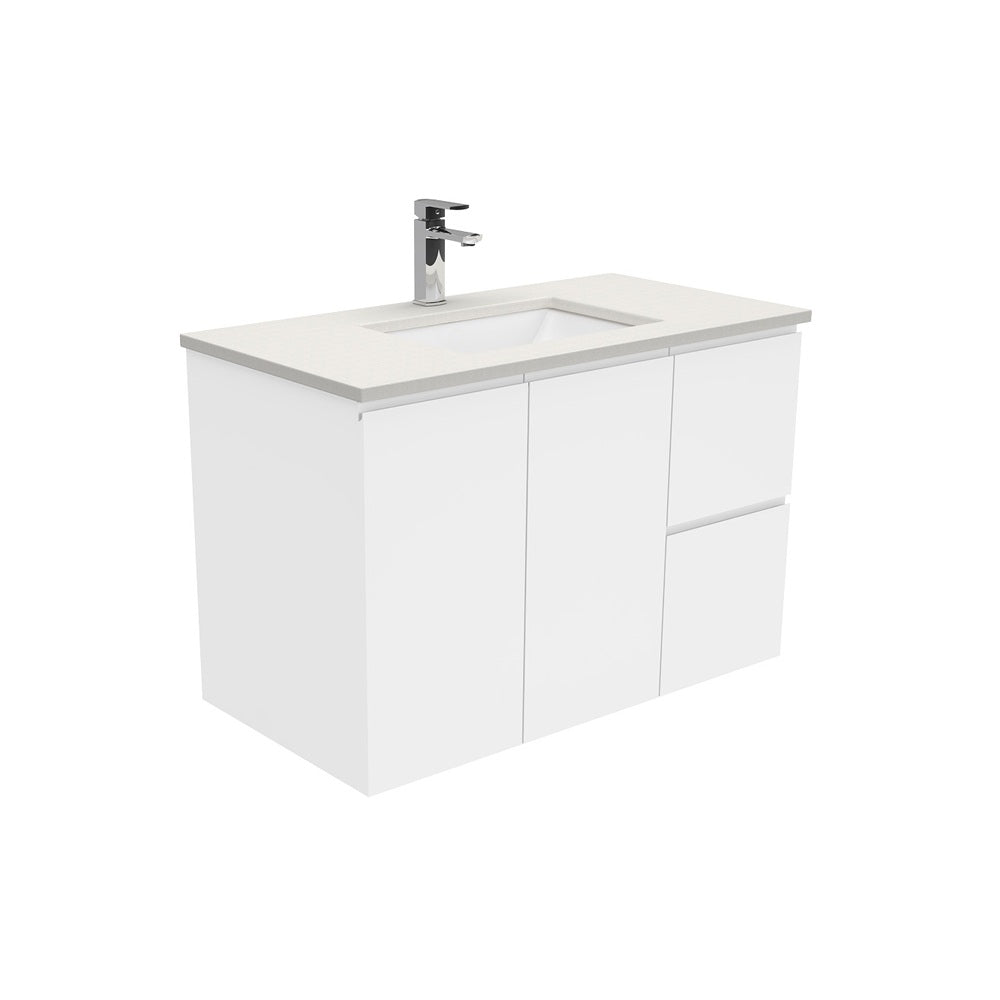 Fienza Sarah Fingerpull On Kickboard Vanity 900mm Right Silica Free (No Taphole) White / Roman Sand Top SA90CR-0-SF