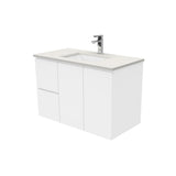 Fienza Sarah Fingerpull Wall Hung Vanity 900mm Left Silica Free (No Taphole) White / Roman Sand Top SA90FL-0-SF