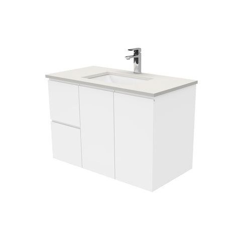 Fienza Sarah Fingerpull Wall Hung Vanity 900mm Left Silica Free (No Taphole) White / Roman Sand Top SA90FL-0-SF