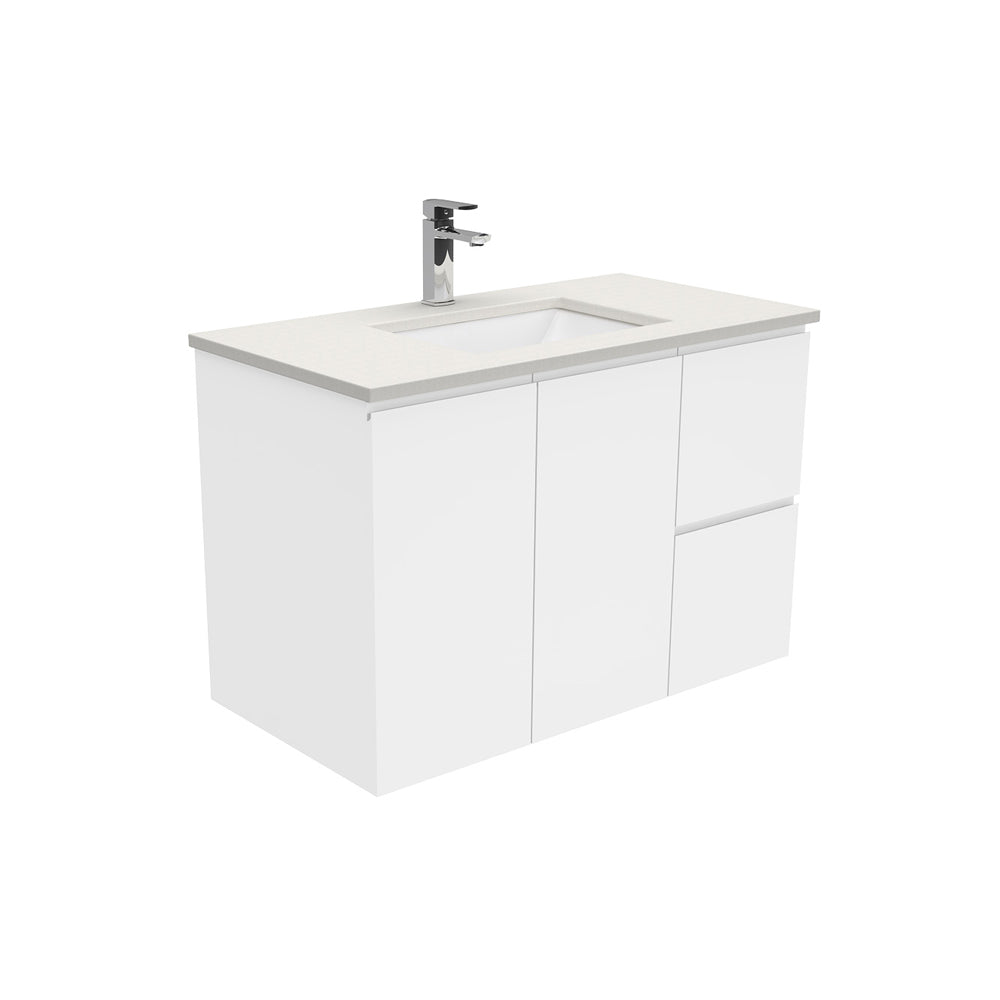 Fienza Sarah Fingerpull Wall Hung Vanity 900mm Right Silica Free (No Taphole) White / Roman Sand Top SA90FR-0-SF