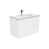 Fienza Sarah Fingerpull Wall Hung Vanity 900mm Right Silica Free (No Taphole) White / Roman Sand Top SA90FR-0-SF