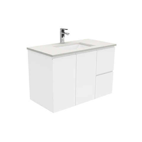 Fienza Sarah Fingerpull Wall Hung Vanity 900mm Right Silica Free (No Taphole) White / Roman Sand Top SA90FR-0-SF
