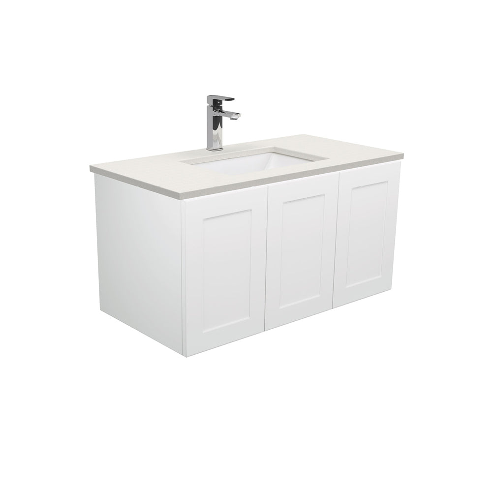 Fienza Sarah Mila Shaker Wall Hung Vanity 900mm Left No Handles Silica Free (No Taphole) White / Roman Sand Top SA90ML-0-SF
