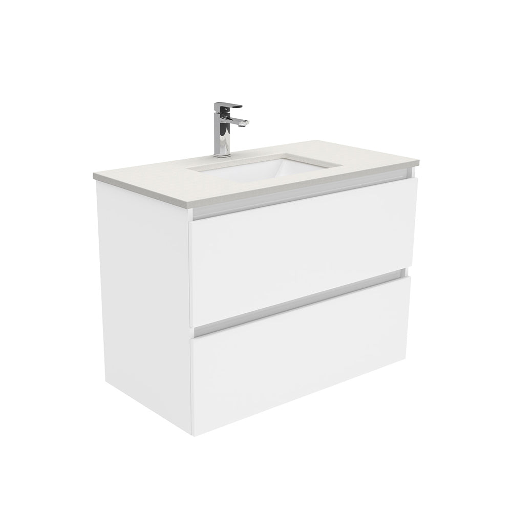 Fienza Sarah Quest Wall Hung Vanity 900mm 2 Drawers Silica Free (No Taphole) White / Roman Sand Top SA90Q-0-SF