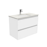 Fienza Sarah Quest Wall Hung Vanity 900mm 2 Drawers Silica Free (No Taphole) White / Roman Sand Top SA90Q-0-SF