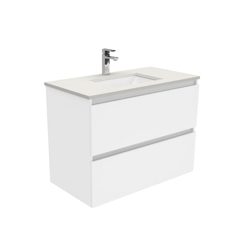 Fienza Sarah Quest Wall Hung Vanity 900mm 2 Drawers Silica Free (No Taphole) White / Roman Sand Top SA90Q-0-SF