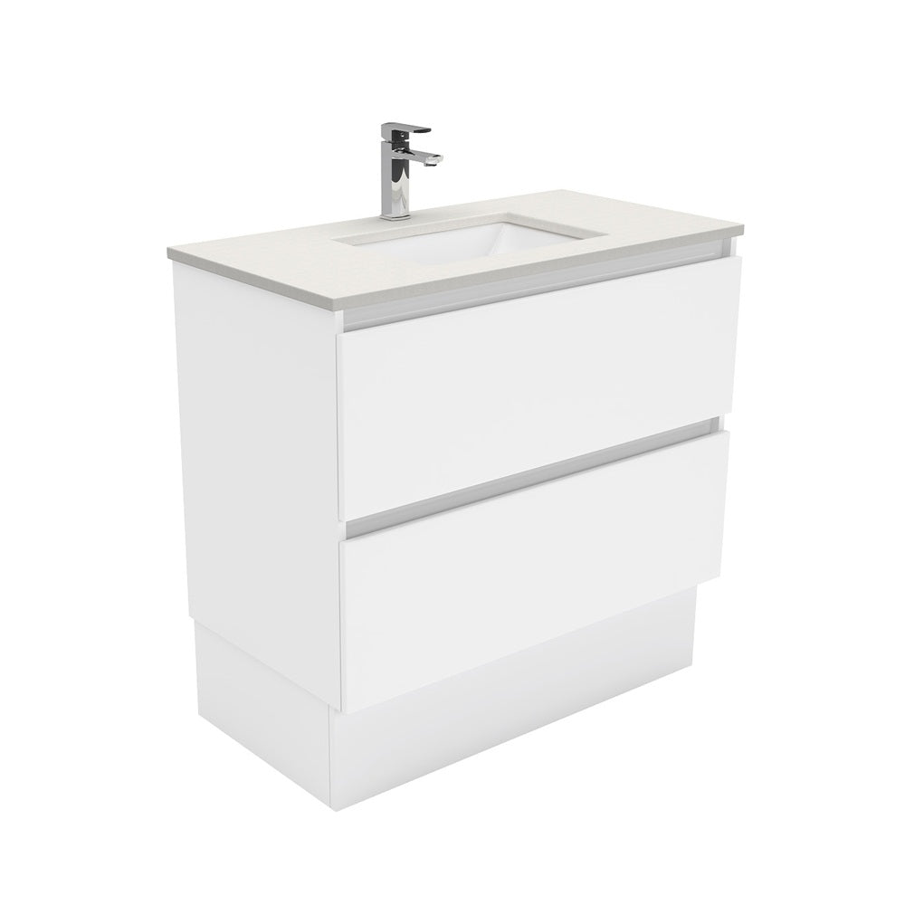 Fienza Sarah Quest On Kickboard Vanity 900mm 2 Drawers Silica Free (No Taphole) White / Roman Sand Top SA90QK-0-SF