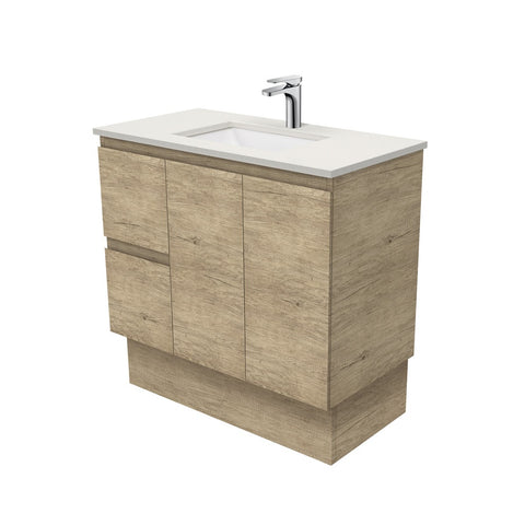Fienza Sarah Edge On Kickboard Vanity 900mm Left Silica Free (No Taphole) Scandi Oak / Roman Sand Top SA90SKL-0-SF