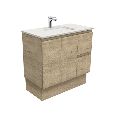 Fienza Sarah Edge On Kickboard Vanity 900mm Right Silica Free (No Taphole) Scandi Oak / Roman Sand Top SA90SKR-0-SF