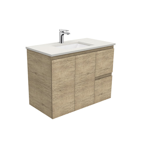 Fienza Sarah Edge Wall Hung Vanity 900mm Right Silica Free (No Taphole) Scandi Oak / Roman Sand Top SA90SR-0-SF