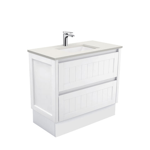 Fienza Sarah Hampton On Kickboard Vanity 900mm Silica Free (No Taphole) White / Roman Sand Top SA90TK-0-SF