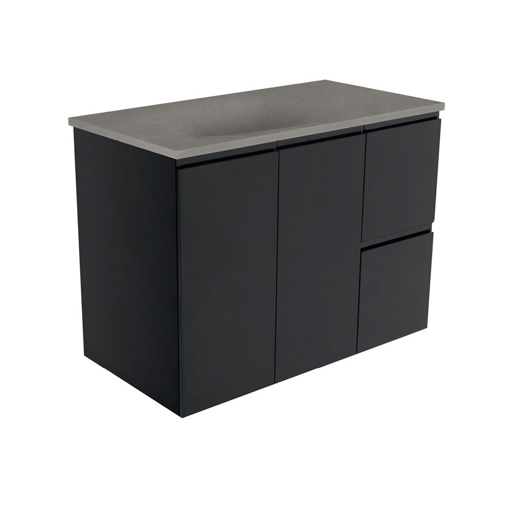 Fienza Satori Fingerpull Wall Hung Vanity 900mm Right Drawers Satin Black SAT90ZBR