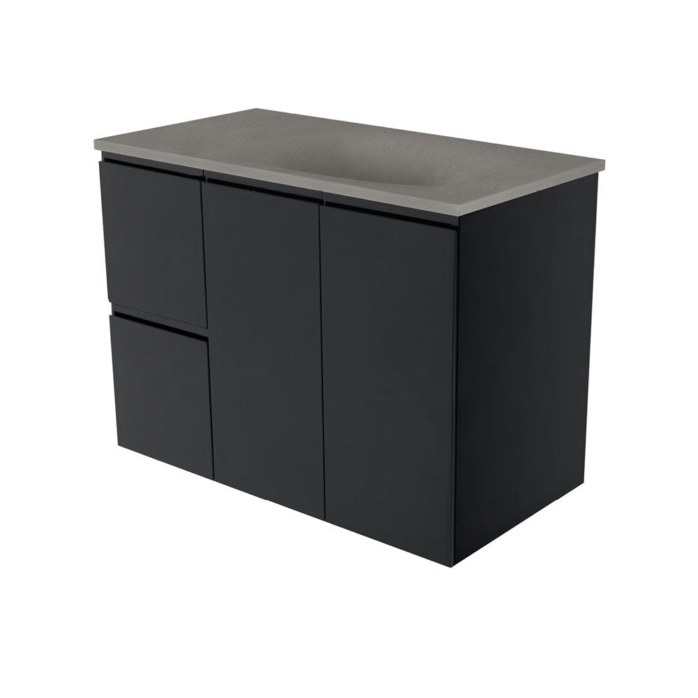 Fienza Satori Fingerpull Wall Hung Vanity 900mm Left Drawers Satin Black SAT90ZBL