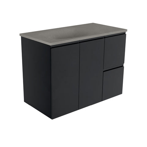 Fienza Satori Fingerpull Wall Hung Vanity 900mm Right Drawers Satin Black SAT90ZBR