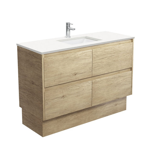 Fienza Sarah Amato On Kickboard Vanity 1200mm Silica Free (No Taphole) Scandi Oak / Crystal Pure Top SC120BSK-0-SF