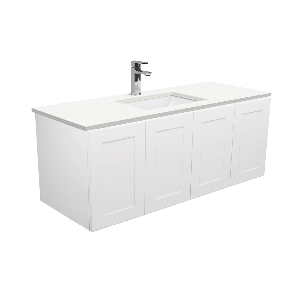 Fienza Sarah Mila Shaker Wall Hung Vanity 1200mm No Handles Silica Free (No Taphole) White / Crystal Pure Top SC120M-0-SF