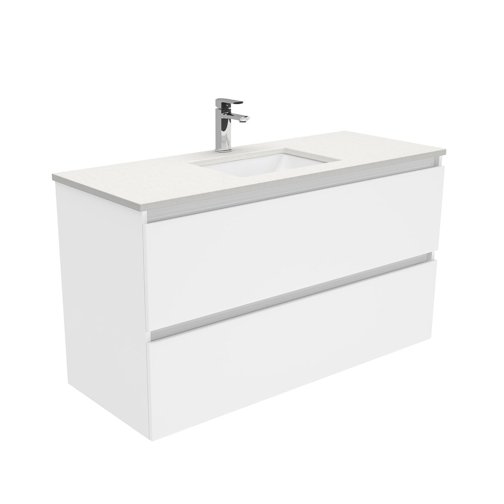 Fienza Sarah Quest Wall Hung Vanity 1200mm 2 Drawers Silica Free (No Taphole) White / Crystal Pure Top SC120Q-0-SF