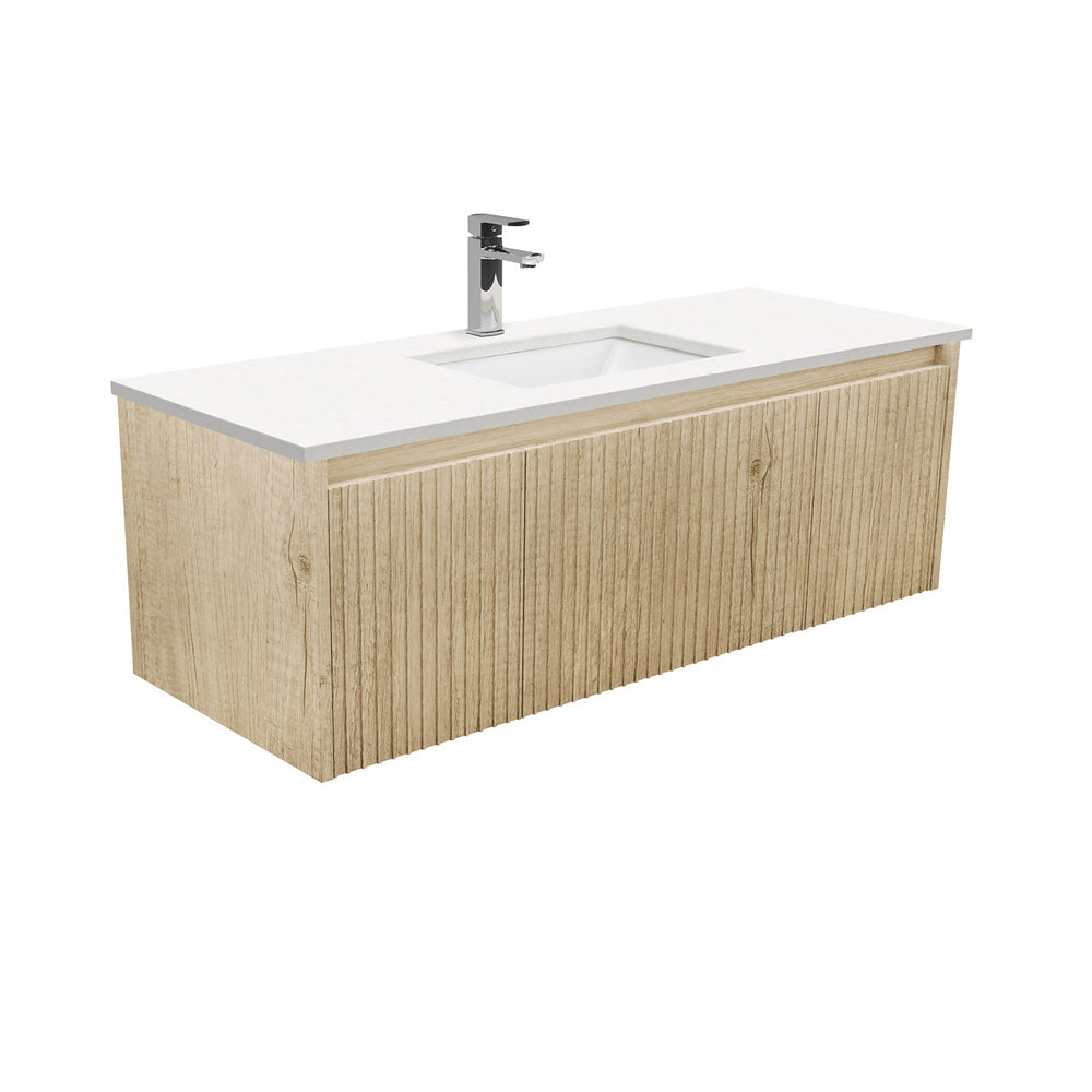 Fienza Sarah Alina Wall Hung Vanity 1200mm 2 Drawers 1 Door Silica Free (No Taphole) Scandi Oak / Crystal Pure Top SC120RSC-0-SF