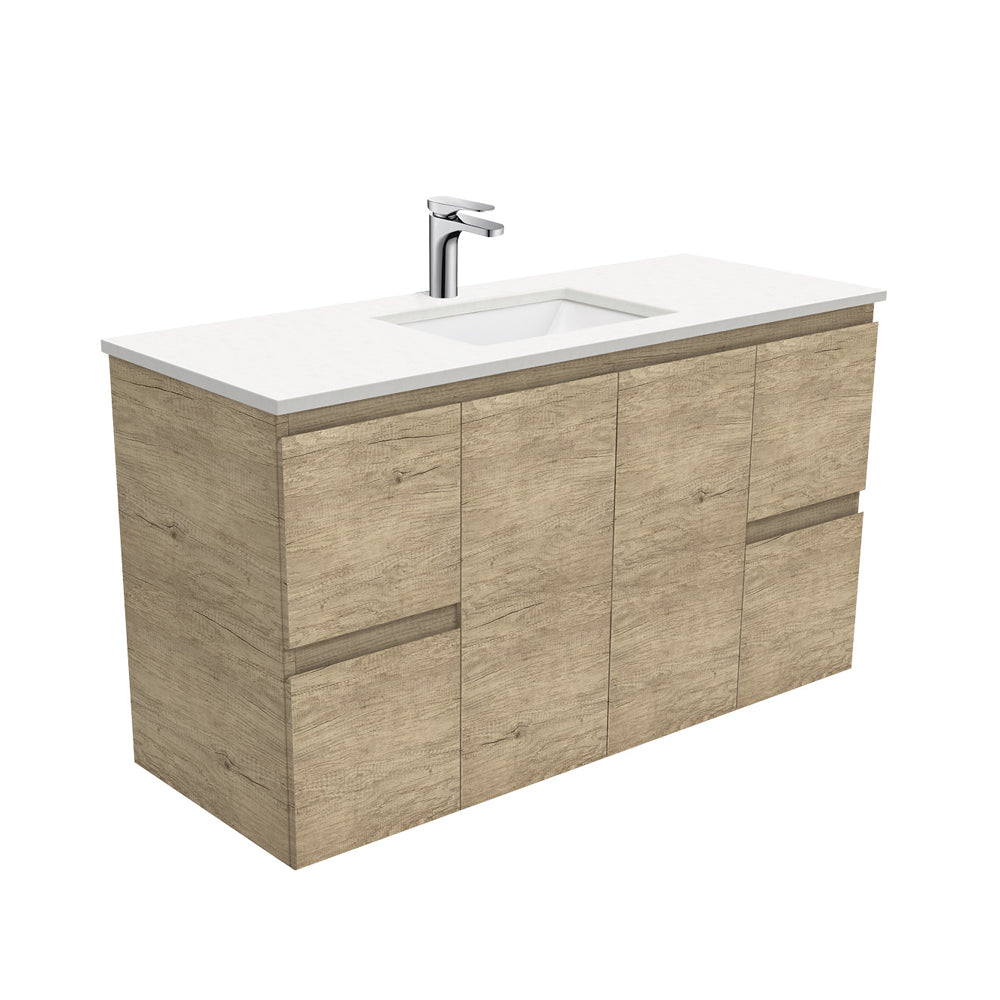 Fienza Sarah Edge Wall Hung Vanity 1200mm Silica Free (No Taphole) Scandi Oak / Crystal Pure Top SC120S-0-SF