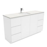 Fienza Sarah Fingerpull On Kickboard Vanity 1500mm Single Bowl Silica Free (No Taphole) White / Crystal Pure Top SC150CS-0-SF