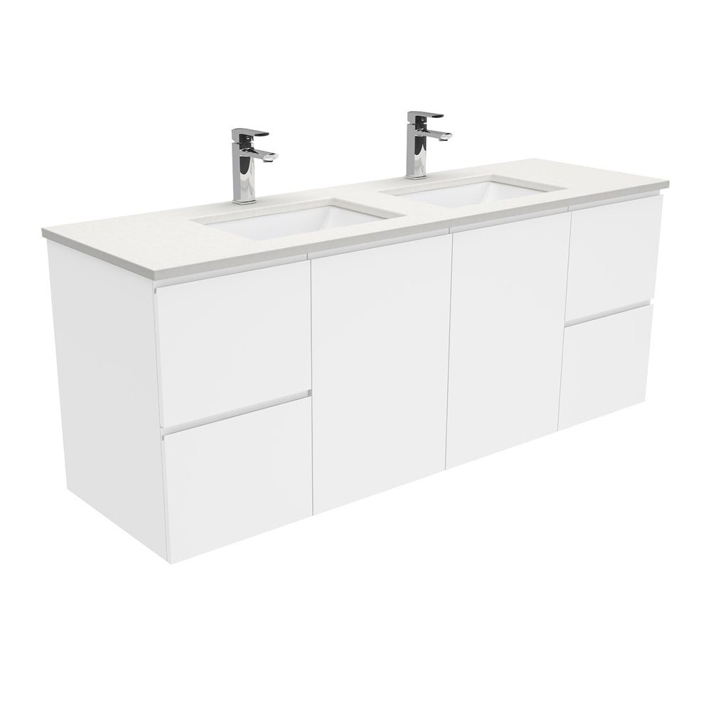 Fienza Sarah Crystal Pure Fingerpull Wall Hung Vanity Double Bowl (1 Taphole) 1500mm Silica Free Gloss White SC150FD-SF