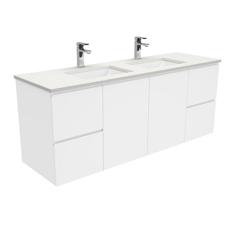 Fienza Sarah Crystal Pure Fingerpull Wall Hung Vanity Double Bowl (1 Taphole) 1500mm Silica Free Gloss White SC150FD-SF