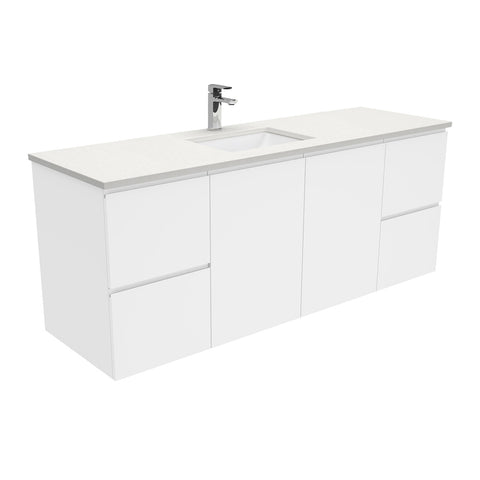 Fienza Sarah Crystal Pure Fingerpull Wall Hung Vanity Single Bowl (1 Taphole) 1500mm Silica Free Gloss White SC150FS-SF