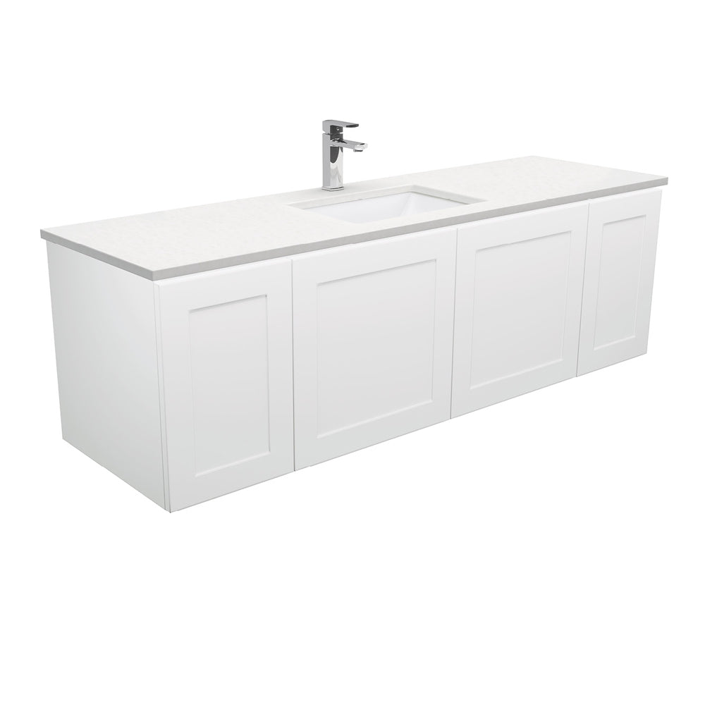 Fienza Sarah Mila Shaker Wall Hung Vanity 1500mm Single Bowl No Handles Silica Free (No Taphole) White / Crystal Pure Top SC150M-0-SF