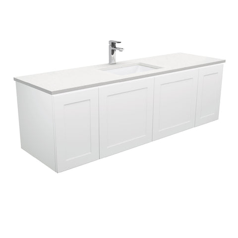 Fienza Sarah Mila Shaker Wall Hung Vanity 1500mm Single Bowl No Handles Silica Free (No Taphole) White / Crystal Pure Top SC150M-0-SF