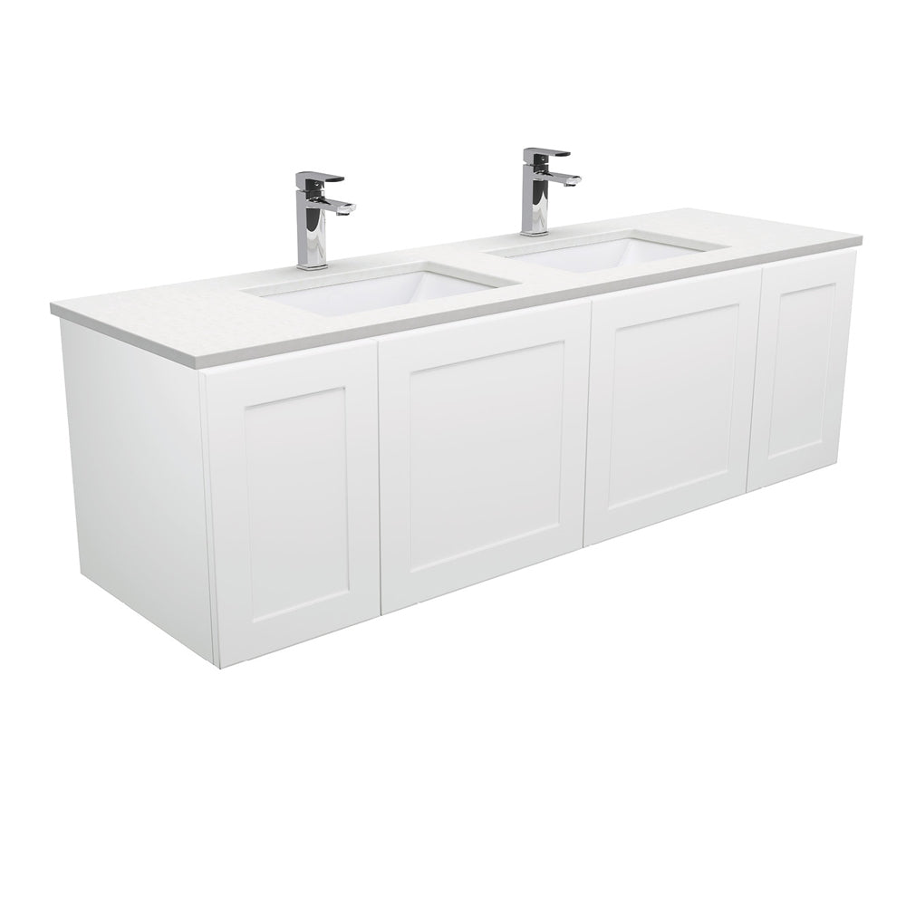 Fienza Sarah Crystal Pure Mila Shaker Wall Hung Vanity No Handles Double Bowl (1 Taphole) 1500mm Silica Free Satin White SC150MD-SF