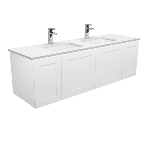 Fienza Sarah Crystal Pure Mila Shaker Wall Hung Vanity No Handles Double Bowl (1 Taphole) 1500mm Silica Free Satin White SC150MD-SF