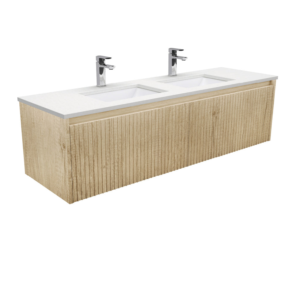 Fienza Sarah Alina Wall Hung Vanity 1500mm Double Bowl 2 Drawers Silica Free (No Taphole) Scandi Oak / Crystal Pure Top SC150RSCD-0-SF