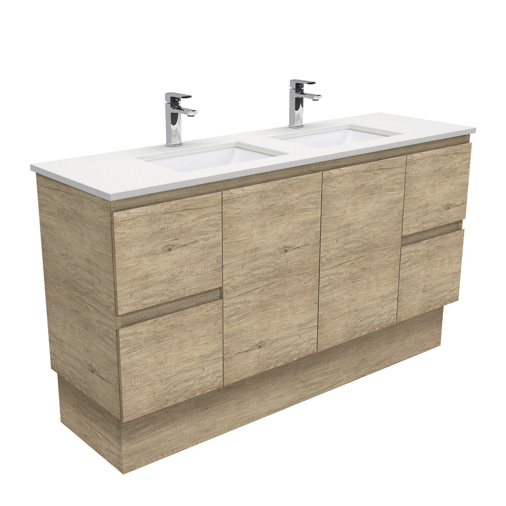 Fienza Sarah Edge On Kickboard Vanity 1500mm Double Bowl Silica Free (No Taphole) Scandi Oak / Crystal Pure Top SC150SKD-0-SF
