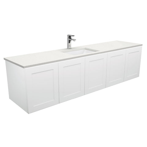 Fienza Sarah Mila Shaker Wall Hung Vanity 1800mm Single Bowl No Handles Silica Free (No Taphole) White / Crystal Pure Top SC180M-0-SF