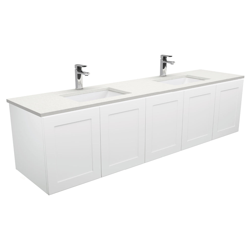 Fienza Sarah Crystal Pure Mila Shaker Wall Hung Vanity No Handles Double Bowl (1 Taphole) 1800mm Silica Free Gloss White SC180MD-SF