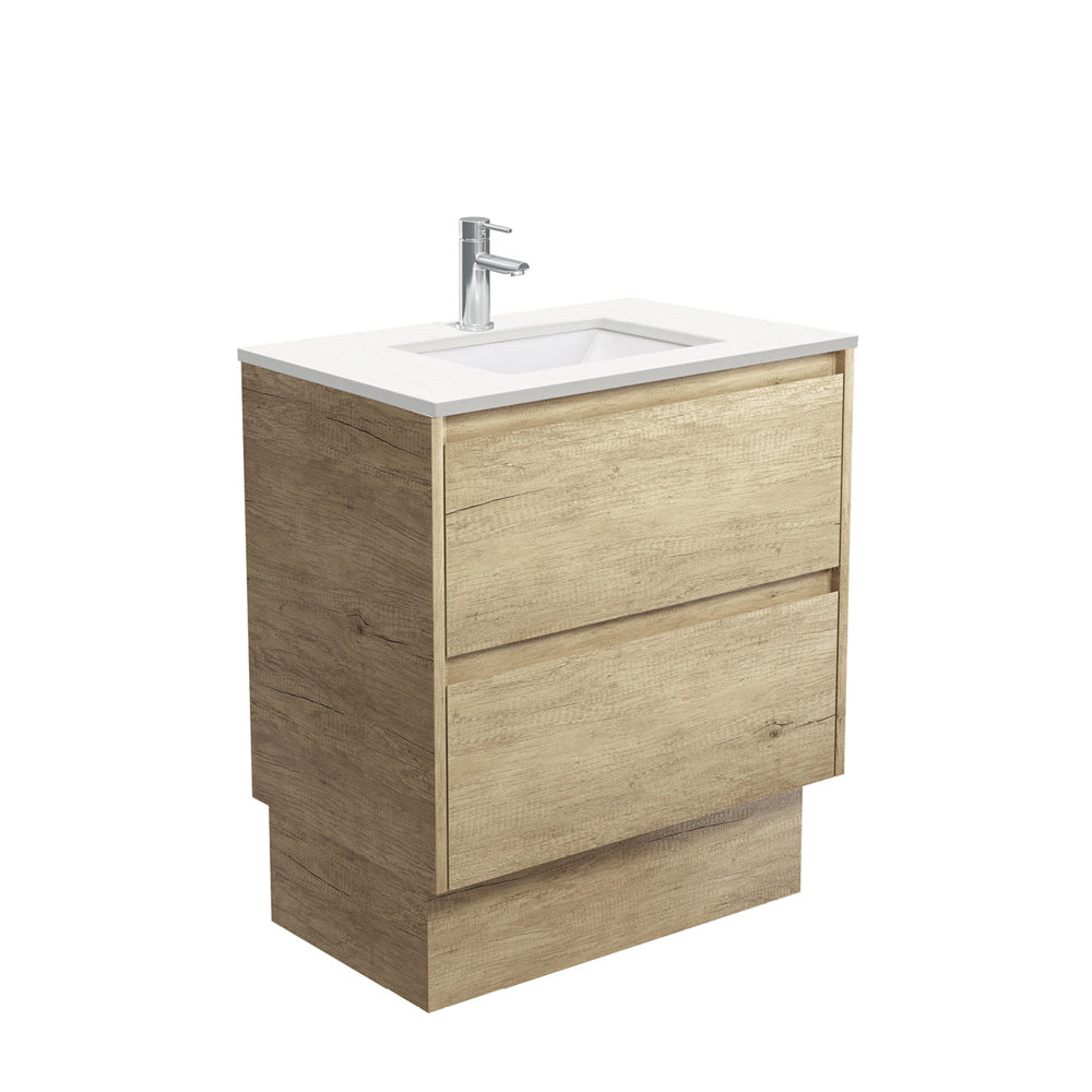 Fienza Sarah Amato On Kickboard Vanity 750mm Silica Free (No Taphole) Scandi Oak / Crystal Pure Top SC75BSK-0-SF