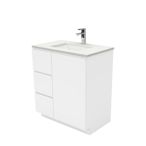 Fienza Sarah Crystal Pure Fingerpull On Kickboard Vanity Left Drawers (1 Taphole) 750mm Silica Free Gloss White SC75CL-SF