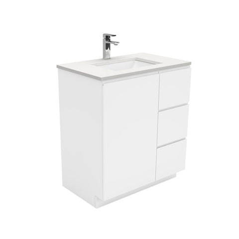 Fienza Sarah Fingerpull On Kickboard Vanity 750mm Right Silica Free (No Taphole) White / Crystal Pure Top SC75CR-0-SF