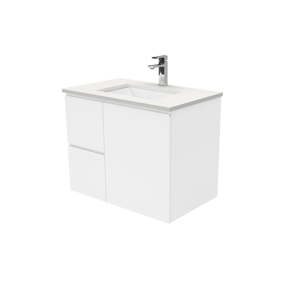Fienza Sarah Crystal Pure Fingerpull Wall Hung Vanity Left Drawers (1 Taphole) 750mm Silica Free Gloss White SC75FL-SF