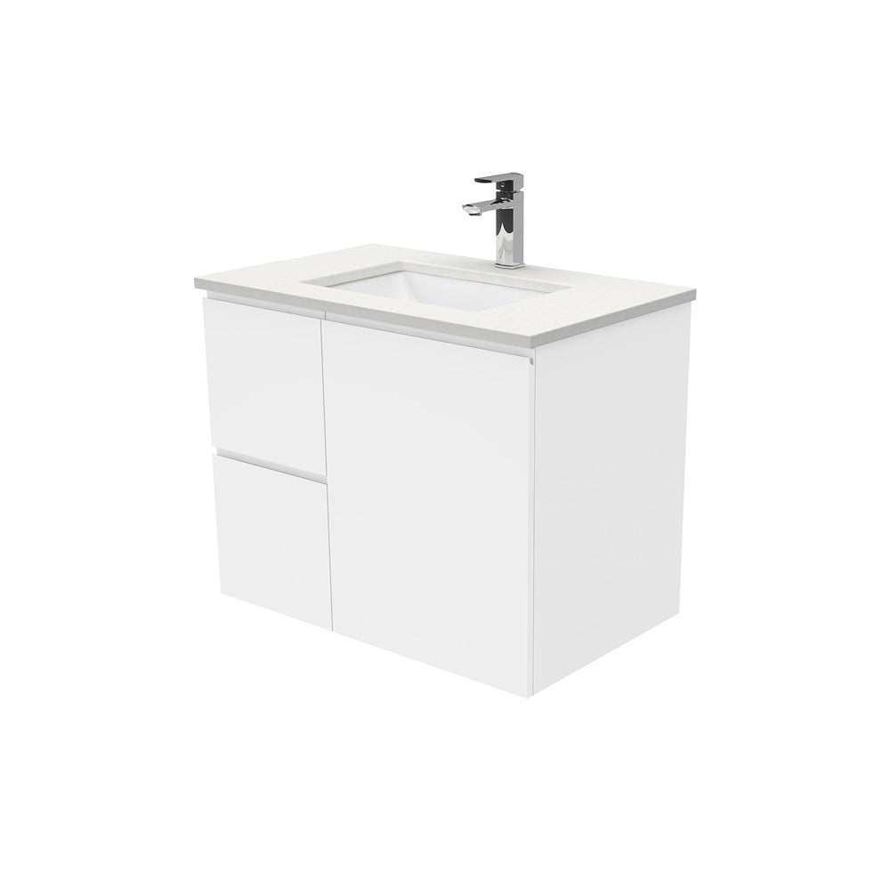 Fienza Sarah Fingerpull Wall Hung Vanity 750mm Left Silica Free (No Taphole) White / Crystal Pure Top SC75FL-0-SF
