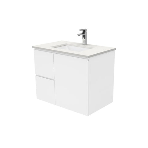 Fienza Sarah Fingerpull Wall Hung Vanity 750mm Left Silica Free (No Taphole) White / Crystal Pure Top SC75FL-0-SF