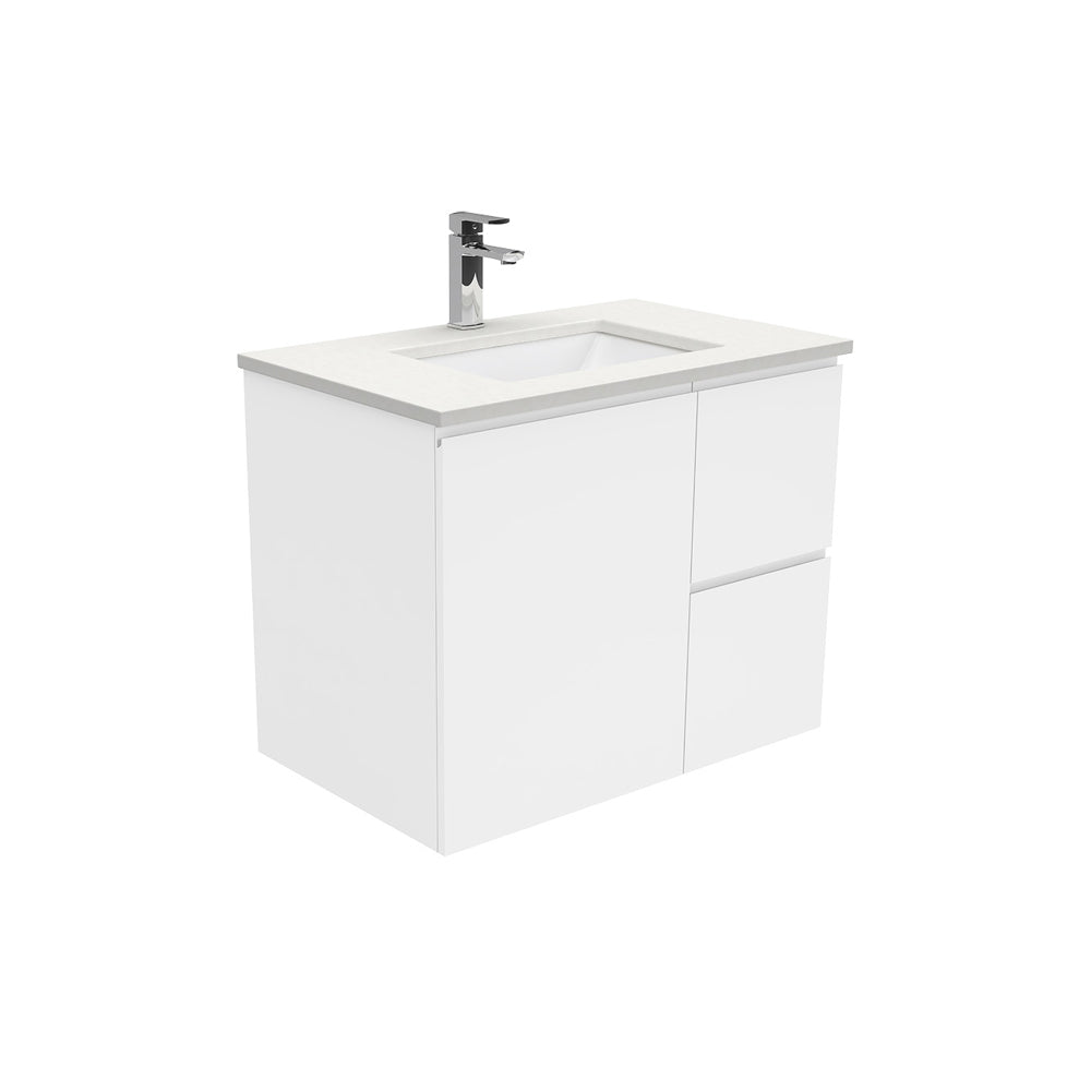 Fienza Sarah Fingerpull Wall Hung Vanity 750mm Right Silica Free (No Taphole) White / Crystal Pure Top SC75FR-0-SF