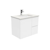 Fienza Sarah Fingerpull Wall Hung Vanity 750mm Right Silica Free (No Taphole) White / Crystal Pure Top SC75FR-0-SF