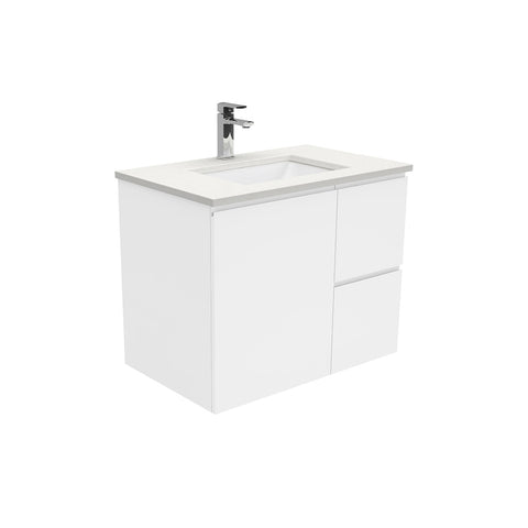 Fienza Sarah Fingerpull Wall Hung Vanity 750mm Right Silica Free (No Taphole) White / Crystal Pure Top SC75FR-0-SF