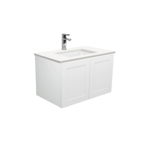 Fienza Sarah Mila Shaker Wall Hung Vanity 750mm Right No Handles Silica Free (No Taphole) White / Crystal Pure Top SC75MR-0-SF
