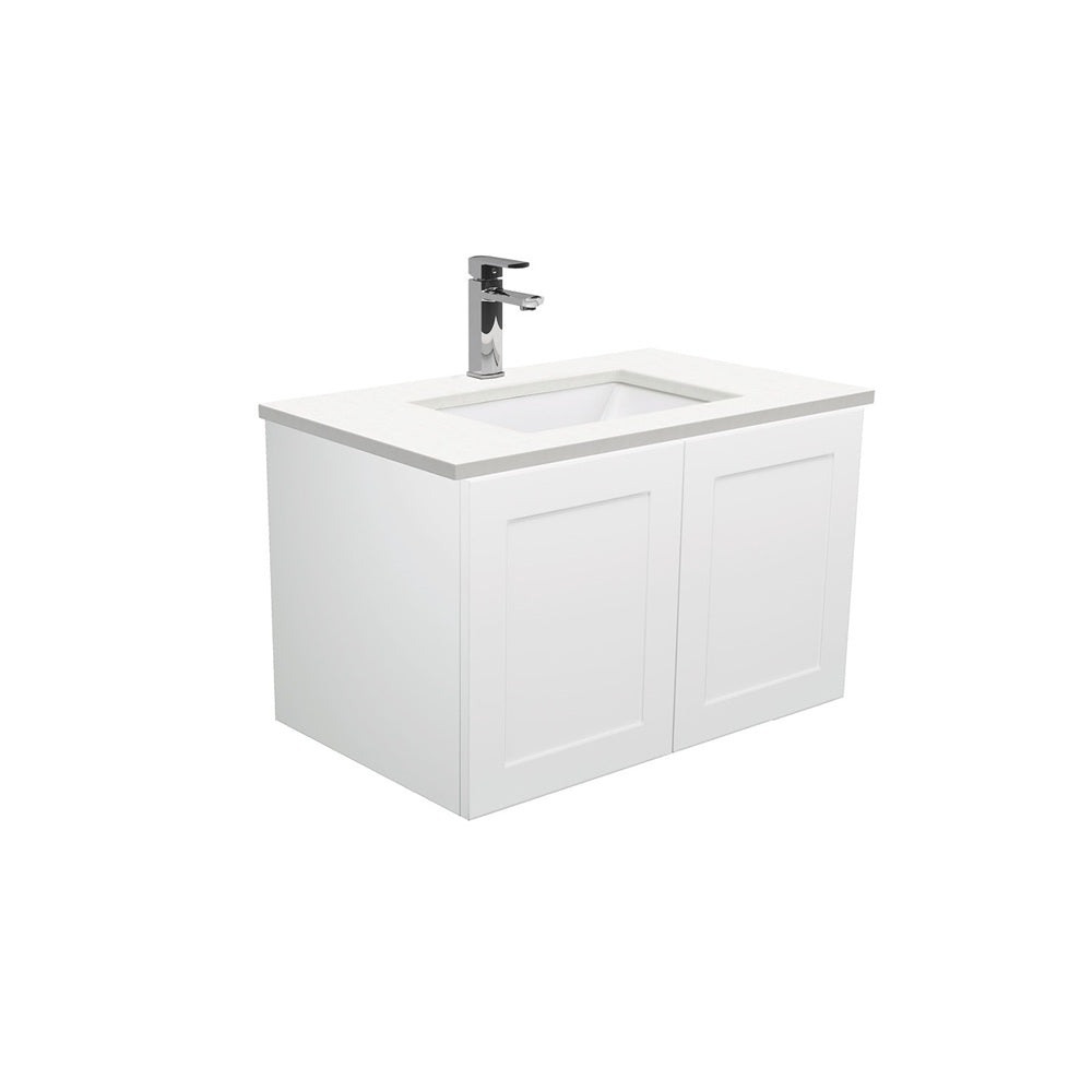 Fienza Sarah Mila Shaker Wal Wall Hung Vanity 750mm Left No Handles Silica Free (No Taphole) White / Crystal Pure Top SC75ML-0-SF