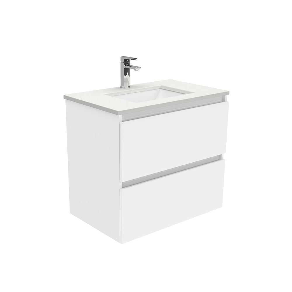 Fienza Sarah Quest Wall Hung Vanity 750mm 2 Drawers Silica Free (No Taphole) White / Crystal Pure Top SC75Q-0-SF