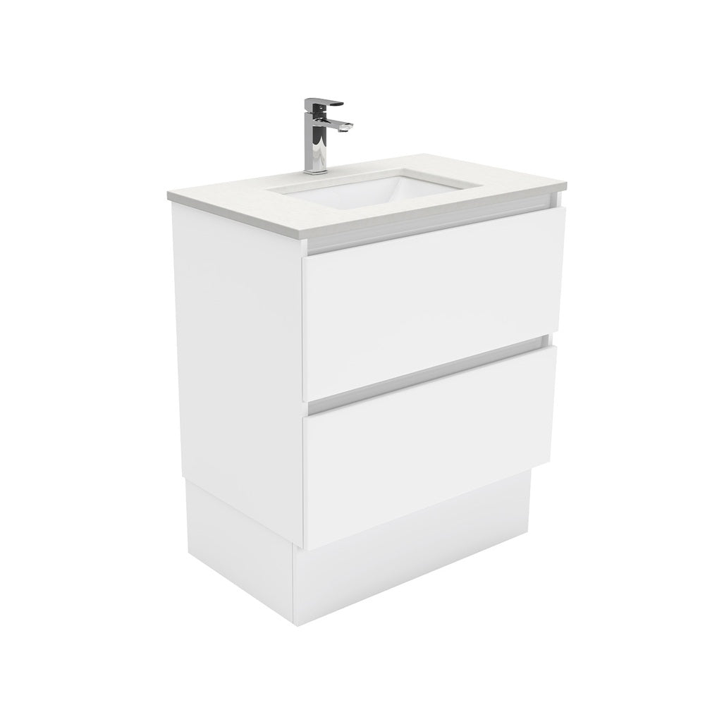 Fienza Sarah Quest On Kickboard Vanity 750mm 2 Drawers Silica Free (No Taphole) White / Crystal Pure Top SC75QK-0-SF
