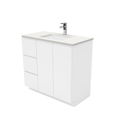 Fienza Sarah Crystal Pure Fingerpull On Kickboard Vanity Left Drawers (1 Taphole) 900mm Silica Free Gloss White SC90CL-SF