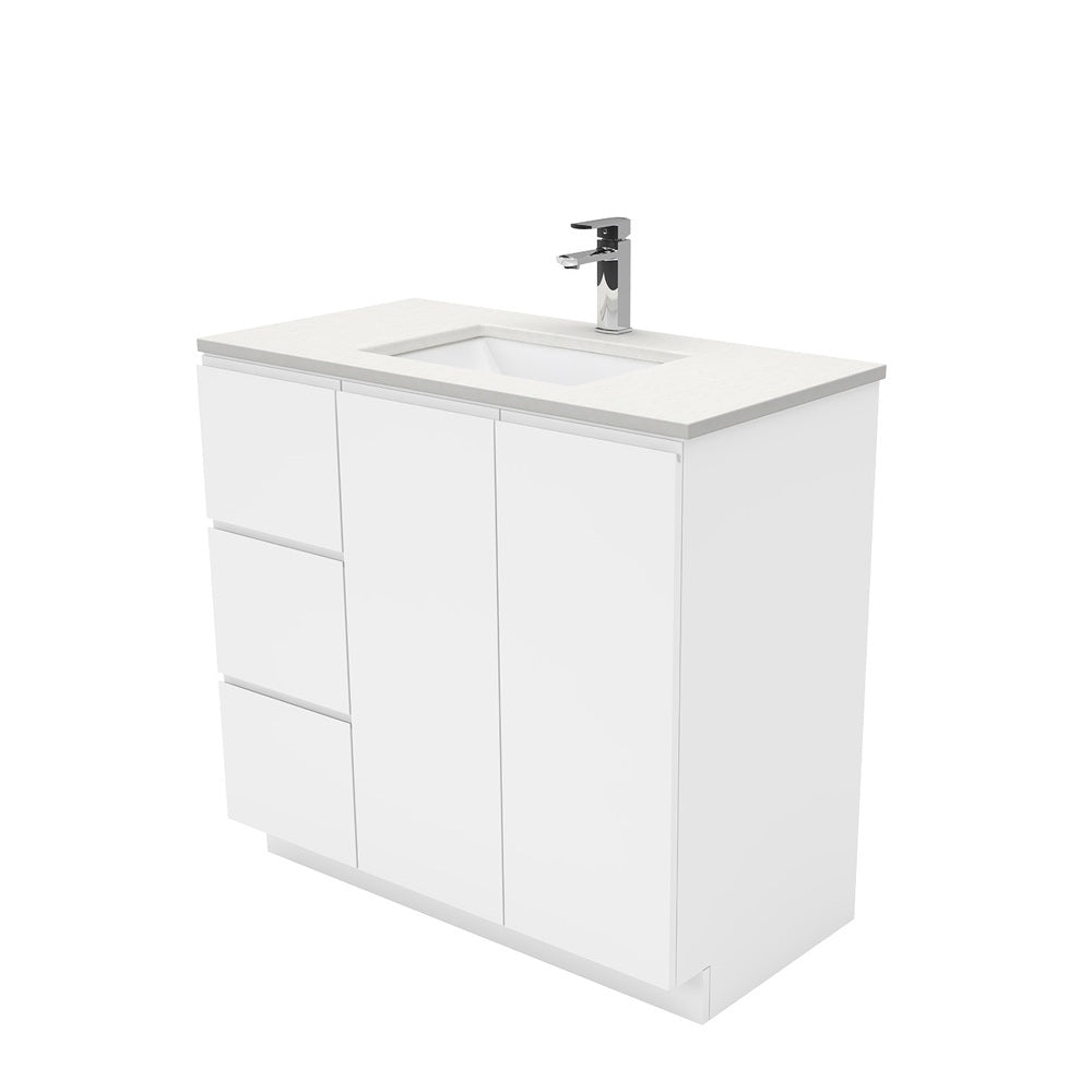 Fienza Sarah Fingerpull On Kickboard Vanity 900mm Left Silica Free (No Taphole) White / Crystal Pure Top SC90CL-0-SF